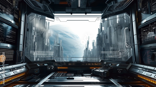 Futuristic spaceship interior with a window view on planet in distant future, metal and blue, realistic  photo