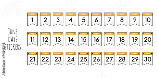 Set of small sticker flags with date and month. Days of June. Minimalistic calendar elements. Planning and marking date of the event. Elements for design of posters. Isolated on white background.