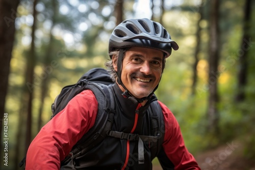 Portrait of happy senior man with mountain bike in the forest.