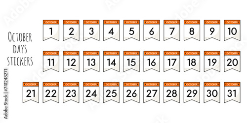 Set of small sticker flags with date and month. Days of October. Minimalistic calendar elements. Planning and marking date of the event. Elements for design of posters. Isolated on white background.