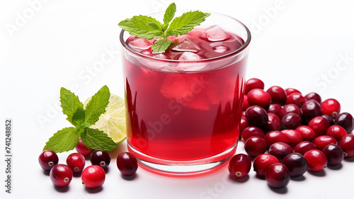 Lingonberry drink with red berries  a glass of cranberry juice on a white background