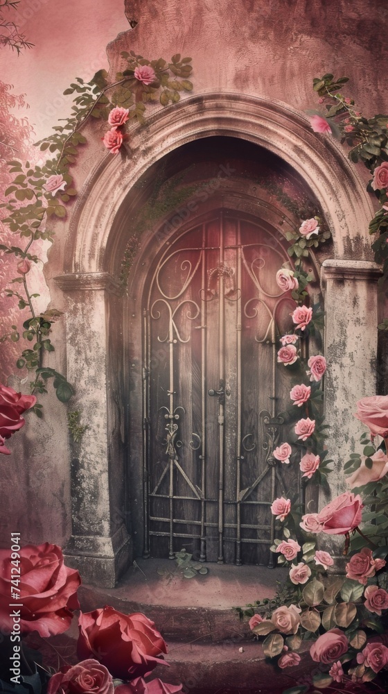 A door is surrounded by roses and vines