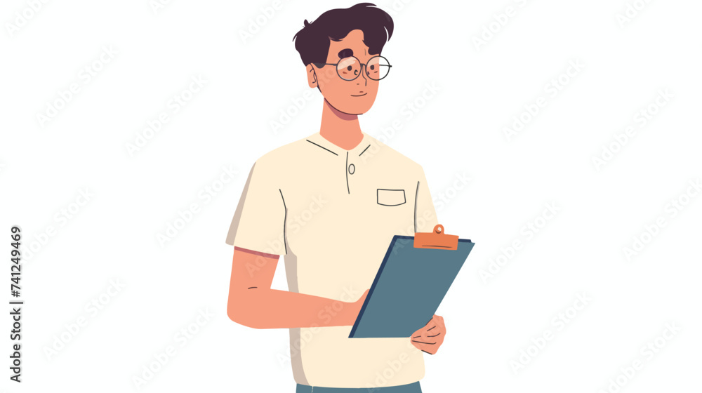 Person with glasses holding clipboard.