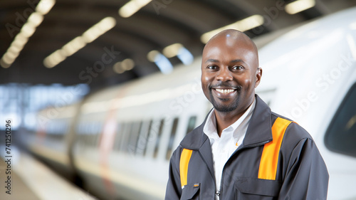 Portrait of afrian american train driver posing in front of high speed train. Transportation concept.
 photo