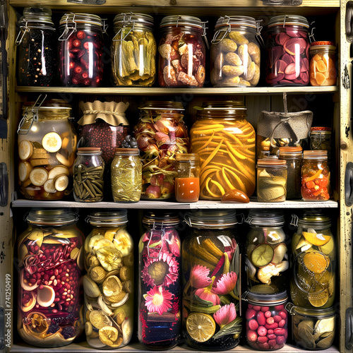 Jars with variety of pickled vegetables and fruits in the pantry