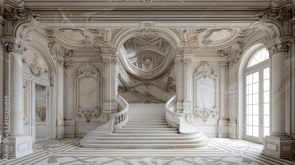 ornate staircase at luxury Victorian villa, daylight, architecture, white interior, realistic