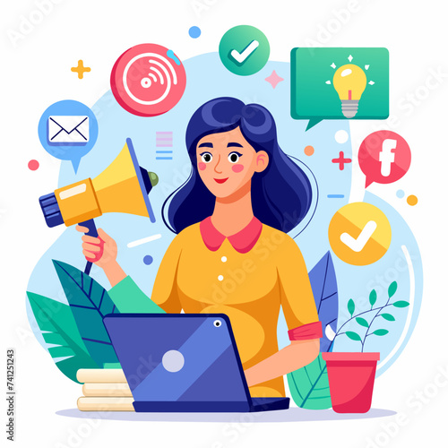 Social Media Marketing Illustration: Businesswoman Engaging in Dynamic Business Activities, Woman Leading a Marketing Project, Driving Success with Vision and Strategy - Business Vector Illustration