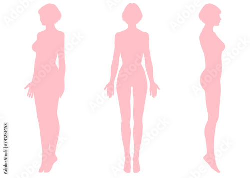 女性のボディシルエットイラストセット 正面横向き斜めの全身ピンクシルエット素材