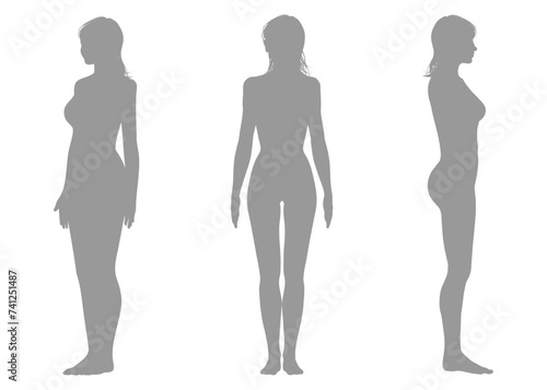 人体ボディのシルエット セミロングの女性の上半身正面 横向き 斜めのイラストセット バリエーション