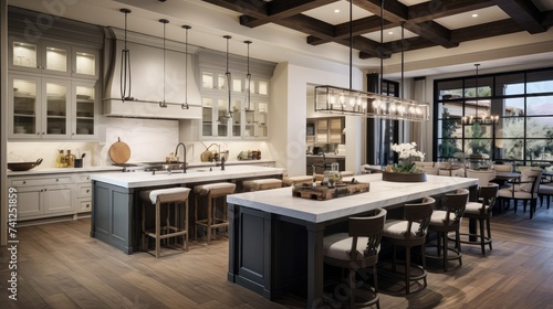 beautiful kitchen interior with white marble and granite white glass front cabinets eating counter bar stools appliances hardwood floors wooden beams wrought iron light fixtures spacious and lived in photo