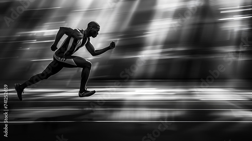 Athlete running on a race track. Black and white image.