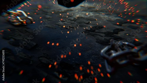 Chain broken by a hammer symbolizing liberation.