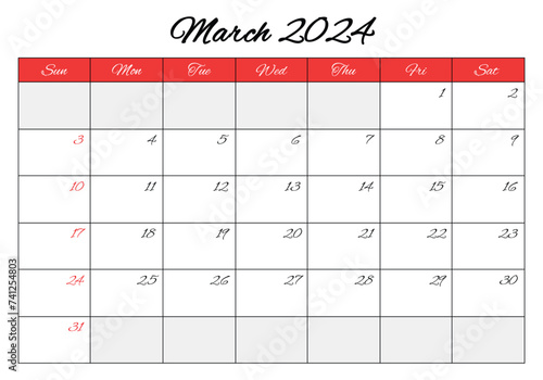 March 2024 ENGLISH month calendar. Vector printable illustration. Monthly planning for your events