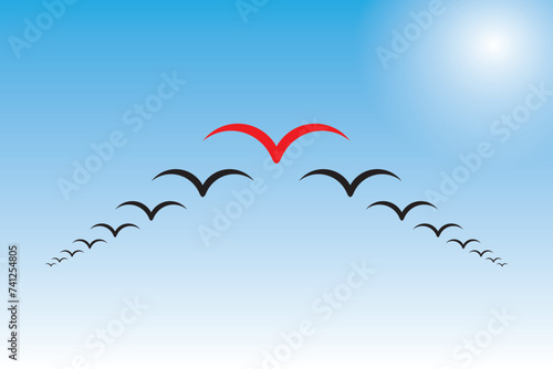 Vector illustration of bird flock: red leader stands out  of black, leadership