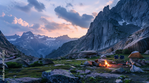 Camping and tent in nature park with sunrise behind the mountain.