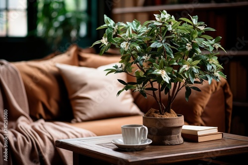 Indoor Comfort: Potted Plant, Coffee Cup, and Books on Wooden Table.