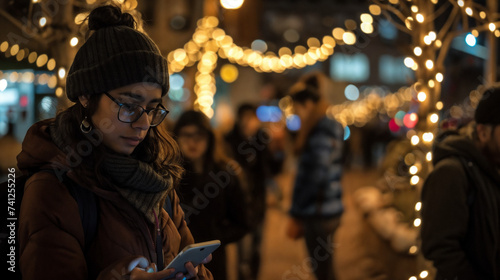Urban Exploration: Engrossed in Smartphones, Line of Individuals Await Under Warm String Lights, Shallow Depth of Field Captures Common City Life Technology Dominance.