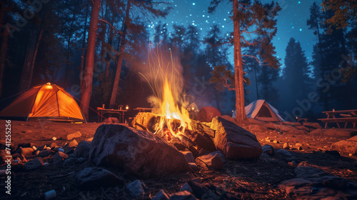 Campfire and tent. Summer camping.