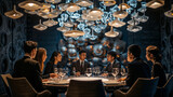Professional Business Meeting Underneath Unique Artistic Installation, Oval Table Discussion in Sophisticated Environment, Corporate Setting with Warm Lighting, Individuals Engaged in Formal Dialogue