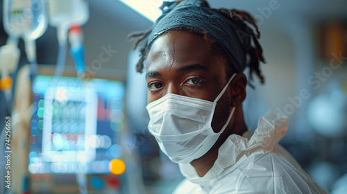 black male doctor with mask, sweating man in the hospital with heart maching on the background