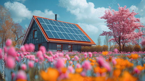 modern home with solar panels attached on the roof against a sunny sky, Close up of new house with black solar panels during spring in the Netherlands