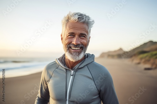 Portrait of a smiling senior man standing on the beach at sunrise