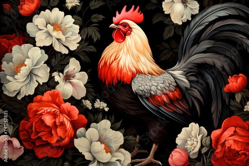 Artistic representation of a rooster with dark floral motifs © NS
