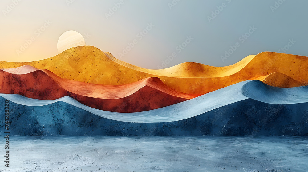 Vibrant Surreal Landscape: Colorful Wavy Hills Under Full Moon Vibrant Surreal Landscape: Colorful Wavy Hills Under Full Moon