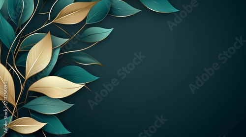 Gold leaf line art background vector. luxury gold abstract wallpaper with blue green and tide water. Beautiful vector design photo