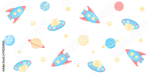 Bright colorful rockets and alien spaceships among planets and stars on a white background. Kids endless texture with far space. Vector seamless pattern for wrapping paper, giftwrap or surface texture