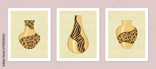 Gold ceramic vases, golden clay pots with mottled animal texture on a sand-colored background with various geometric ornaments. African-inspired animalistic jugs. Vector set of ethnic illustrations
