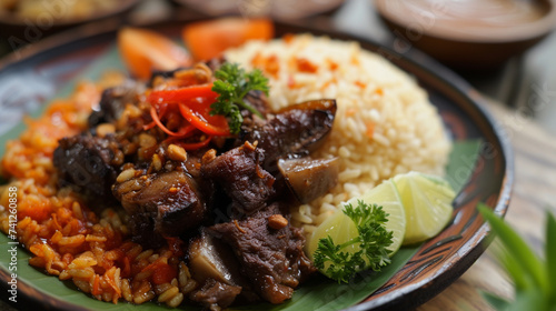 Indonesian kebuli rice with delicious goat or lamb meat. Generative Ai