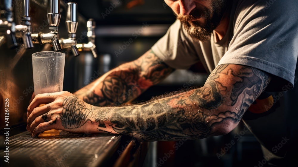 Close up daylight photo of tatooed bartender filling beer mug from Kegerator's beer taps