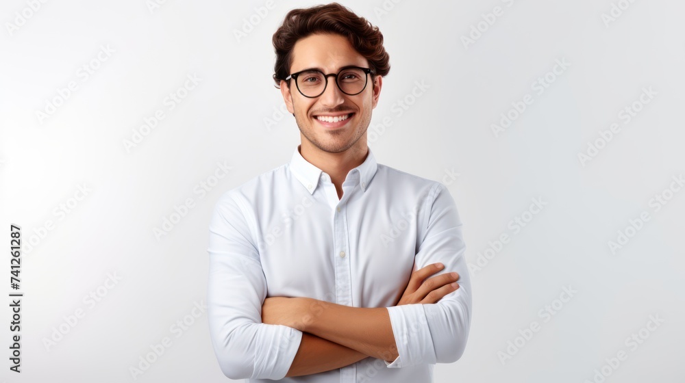 Portrait of young handsome smiling business guy wearing gray shirt and glasses, feeling confident with crossed arms, isolated on white background - obrazy, fototapety, plakaty 