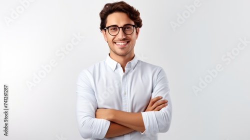 Portrait of young handsome smiling business guy wearing gray shirt and glasses, feeling confident with crossed arms, isolated on white background © Andrey