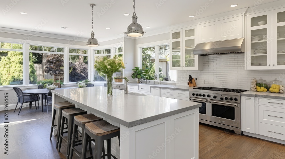 Beautiful kitchen in new traditional style luxury home, with quartz counters, hardwood floors, and stainless steel appliances. Lights are on Beautiful kitchen in new traditional style luxury home, with quartz counters, hardwood floors, and stainless steel appliances. Lights are on