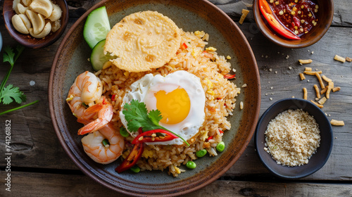 Nasi goreng- Indonesian fried rice with fried egg, chili, shrimp, kerupuk crackers . Generative Ai