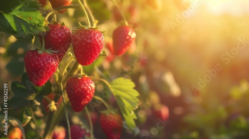 A branch with natural strawberries on a blurred background of a strawberry field at golden hour.