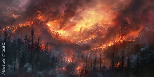 A raging wildfire consumes a forest illustrating natures destructive force and consequences. Concept Forest Fire, Nature's Fury, Environmental Destruction, Impact of Wildfires