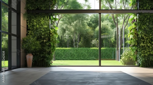 of interior of modern home wall with tall windows and greenery looking out into a backyard with trees,