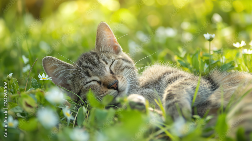 Cat napping in a sunny field of clover.