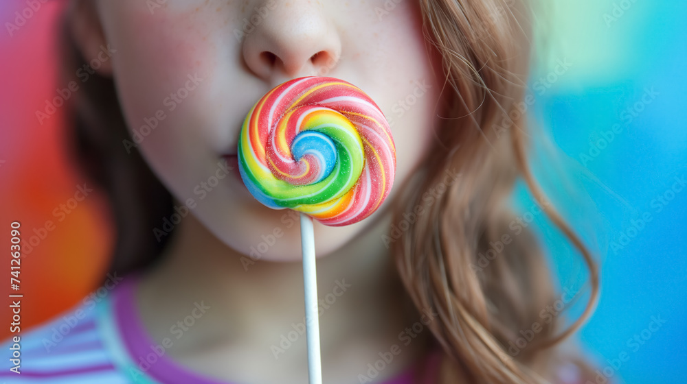 Child with a colorful lollipop, close view.