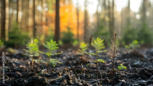 Restoration of the forest. Young trees and plants initiating the regeneration of a once-deforested area