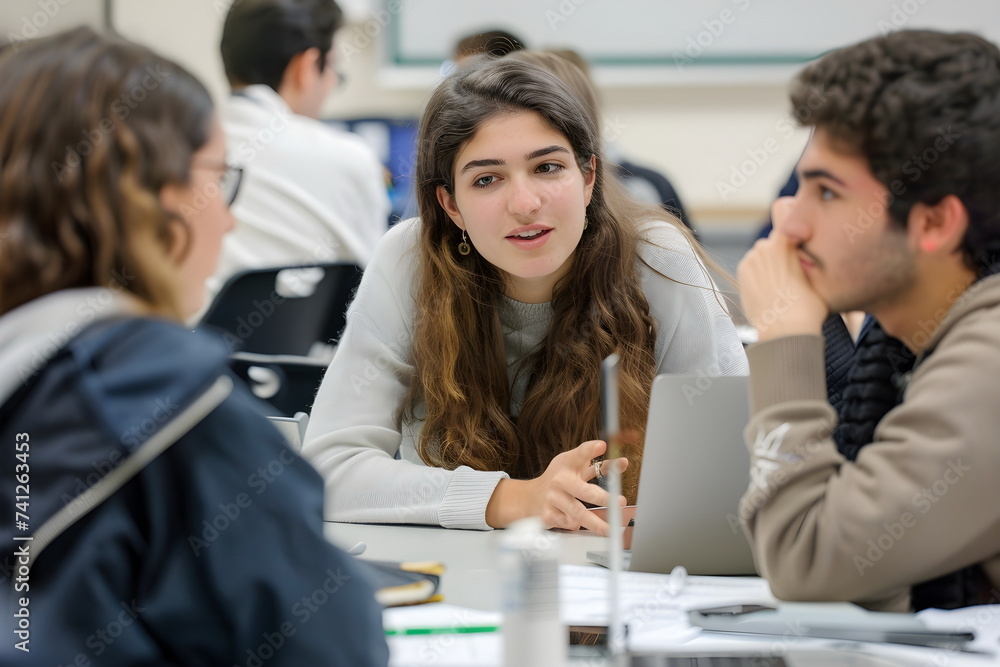 students sitting at a table speaking at school students sitting at a table speaking at school