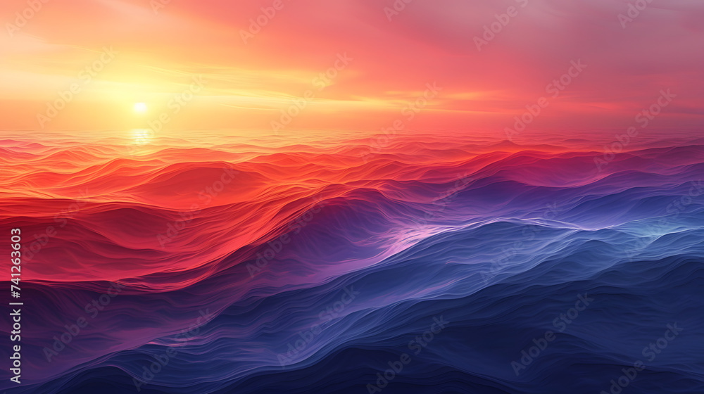 Tranquil Sunset Seascape, Ocean Waves under a Golden Hour Magic in Vibrant Pastel Sky, Ideal for Travel and Nature Background. Serene Sunrise Over the Calm Sea, Nature in a Peaceful Coastal Scene.