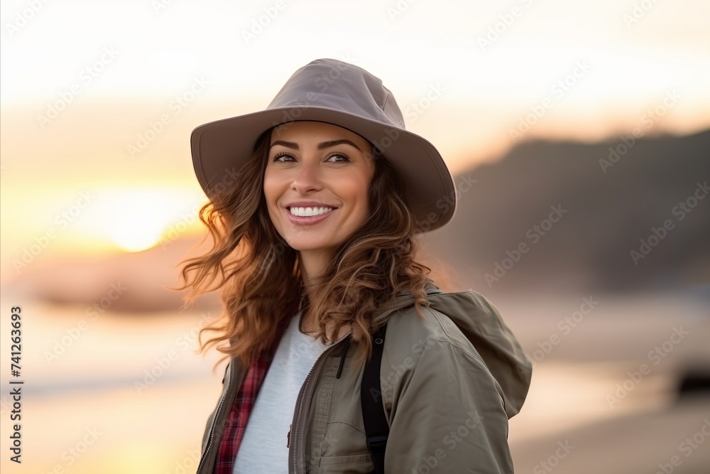 Portrait of a beautiful young woman with hat on the beach at sunset Portrait of a beautiful young woman with hat on the beach at sunset