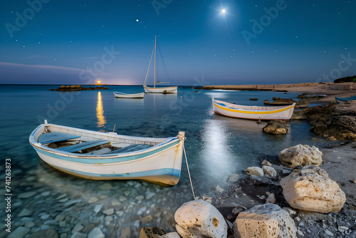 Beautiful night view of the small fishing boats on the shore