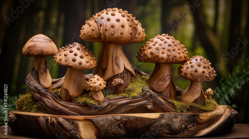 Carved wooden mushrooms on forest floor. photo