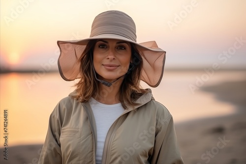 Beautiful young woman wearing hat and jacket at the beach at sunset