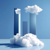 3d render, abstract minimal blue background with three vertical mirror shapes and white cloud, Generative AI